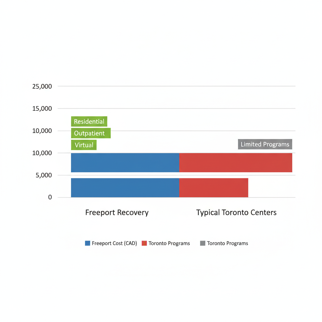 Horizontal bar chart comparing rehabilitation costs and program features for Freeport Recovery and typical Toronto centers, showing lower costs and more comprehensive programs for Freeport.