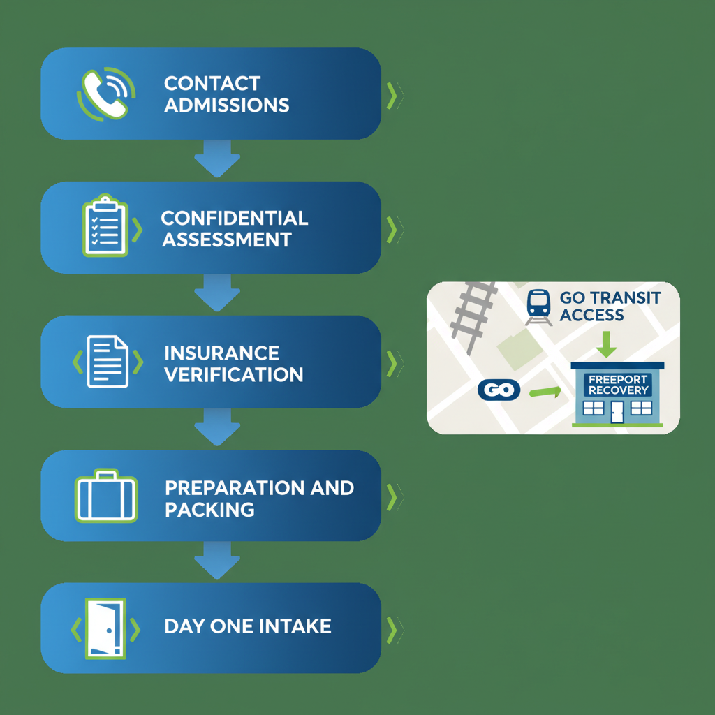 Vertical process flow diagram illustrating five key steps to start addiction treatment near Toronto
