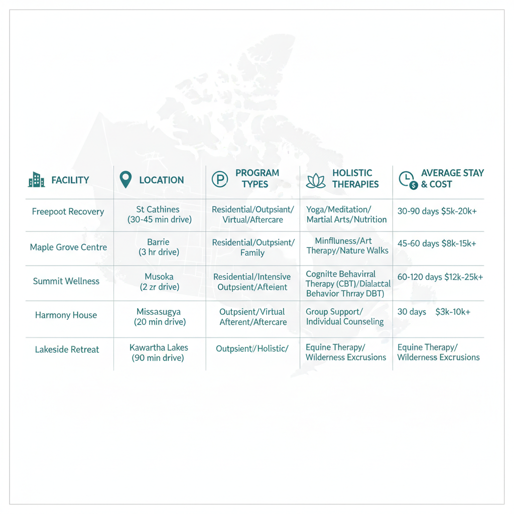 Infographic comparing addiction treatment facilities in Toronto region with columns for facilities, locations, programs, therapies, and costs
