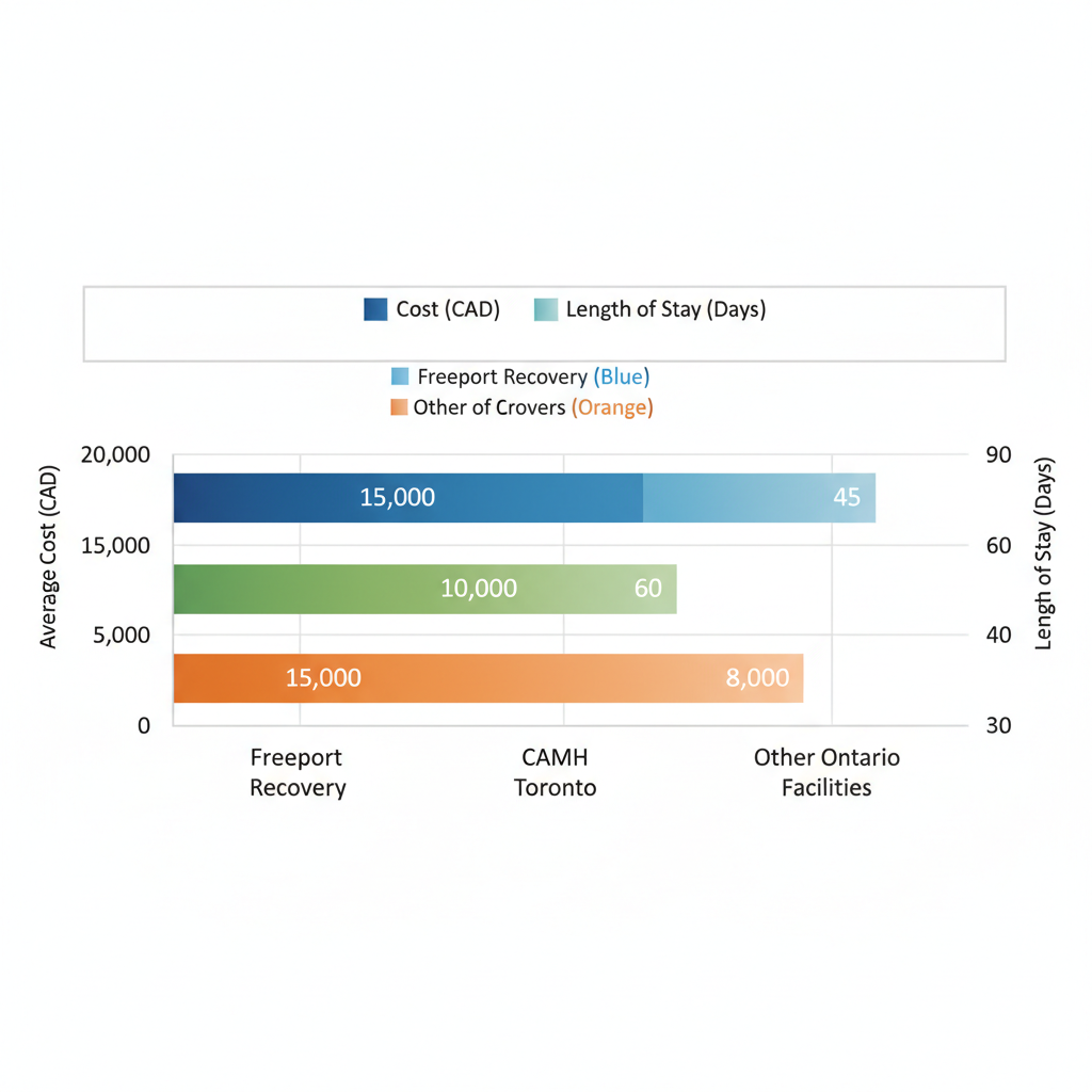 Horizontal bar chart comparing costs and stay lengths of rehab centers near Toronto, including Freeport Recovery.