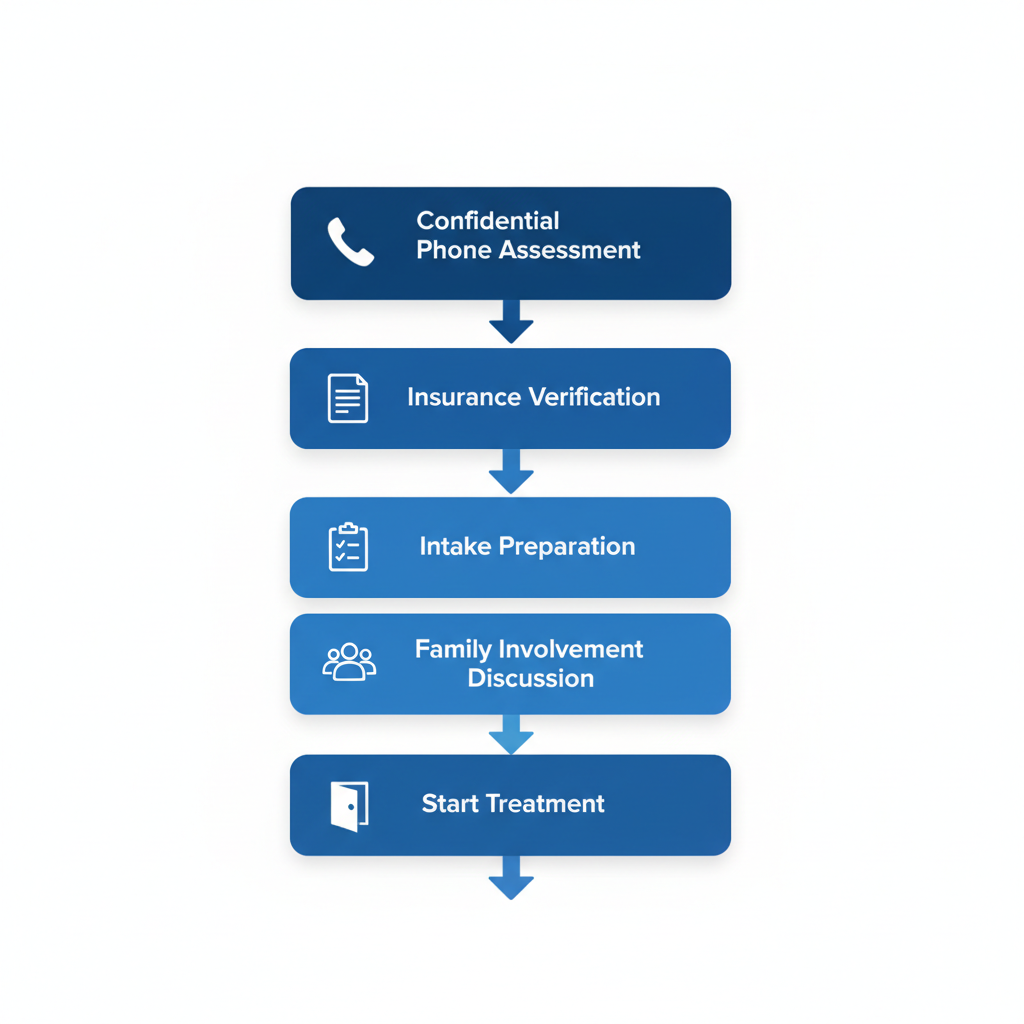 Vertical process flow diagram illustrating the five-step admission process for drug rehab at Freeport Recovery, including confidential assessment, insurance verification, intake preparation, family involvement, and starting treatment with icons.