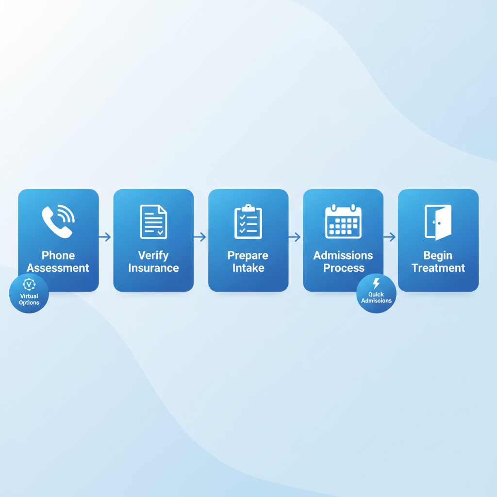 Horizontal process flow diagram showing five steps to start rehab services: phone assessment, insurance verification, intake preparation, admissions, and beginning treatment with icons and arrows.