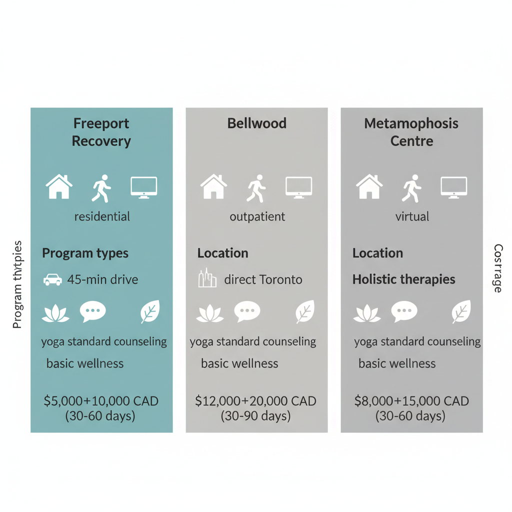 Infographic comparing key features of addiction treatment centers in Toronto area including Freeport Recovery, Bellwood, and Metamorphosis Centre