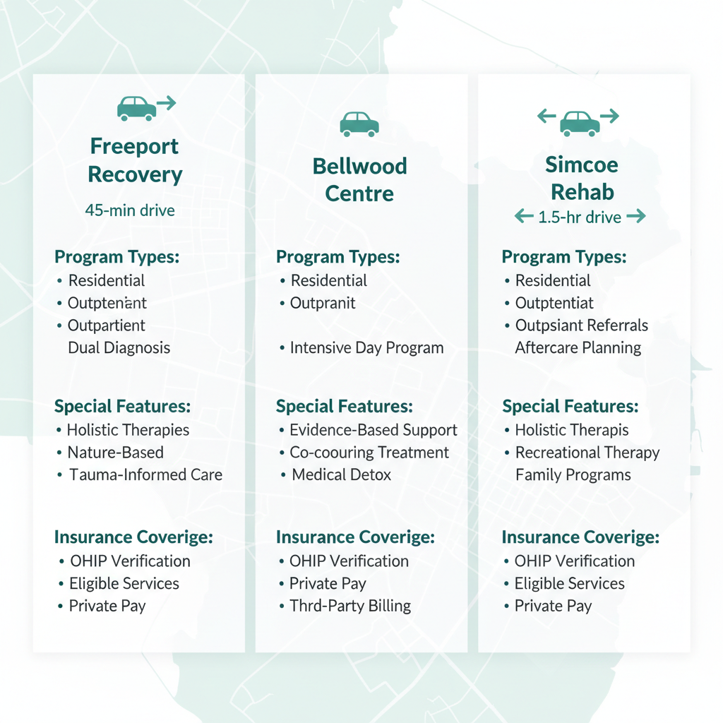 Infographic comparing three rehab centers near Toronto: Freeport Recovery, Bellwood Centre, and Simcoe Rehab, highlighting programs, features, and insurance.