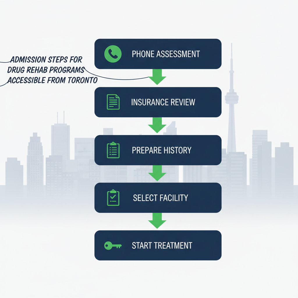 Vertical process flow diagram illustrating five admission steps for Toronto drug rehab programs
