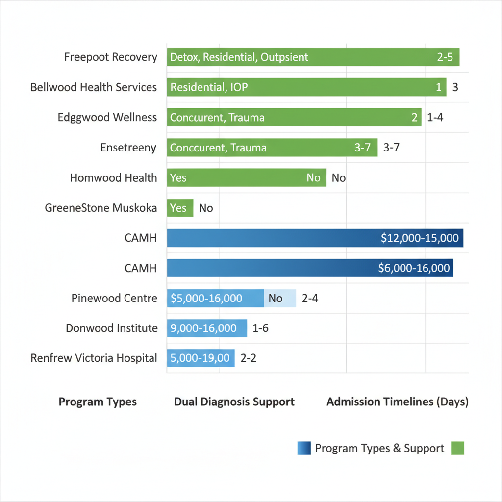 Horizontal bar chart comparing key features of top rehab centers for Toronto residents, including Freeport Recovery, with metrics on programs, dual diagnosis, costs, and admission times.