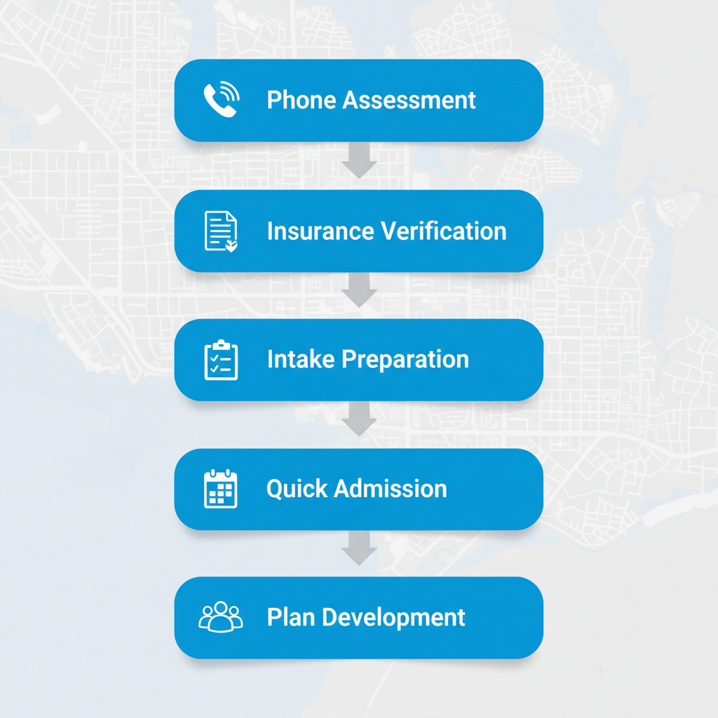 Vertical process flow diagram illustrating five stages to begin addiction treatment at Freeport Recovery: confidential phone assessment, insurance verification, intake preparation, admission within 3-5 days, and first-day plan development with modern icons.