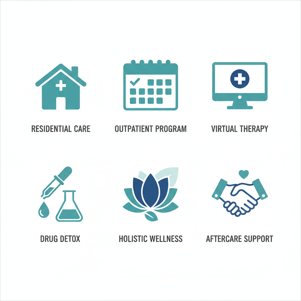 A 2x3 grid of flat icons depicting private rehab services in Toronto: residential treatment house, outpatient calendar, virtual computer, detox dropper, yoga lotus, and aftercare handshake with short labels below.