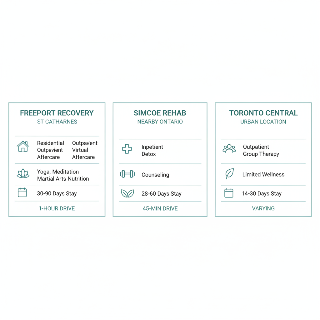 Infographic comparing Freeport Recovery, Simcoe Rehab, and Toronto central drug rehab centers with locations, programs, therapies, and stay durations