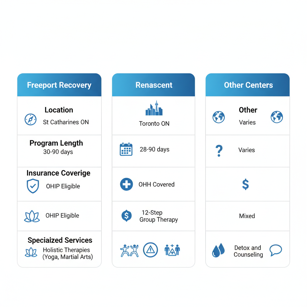 Infographic comparing Freeport Recovery, Renascent, and other Toronto-area drug rehab centers by location, program length, insurance, and services