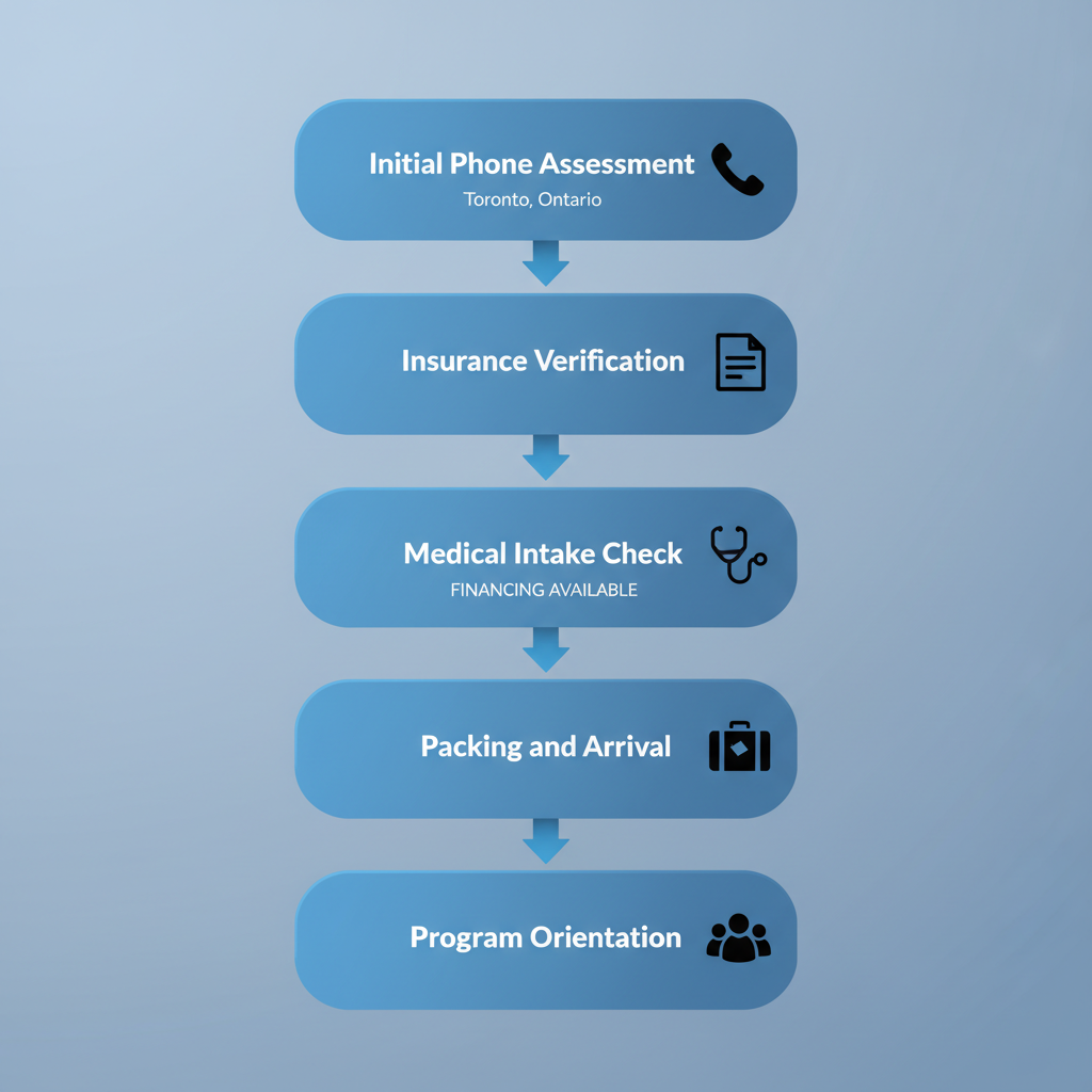 Vertical process flow diagram illustrating the five key steps to start inpatient drug rehab in Toronto
