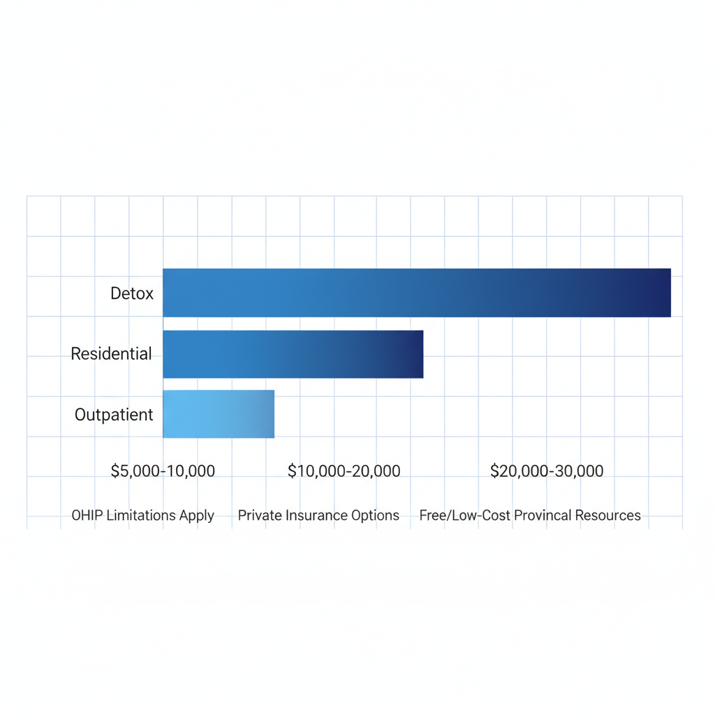 Horizontal bar chart of average rehab costs in Toronto for detox, residential, and outpatient programs with insurance notes