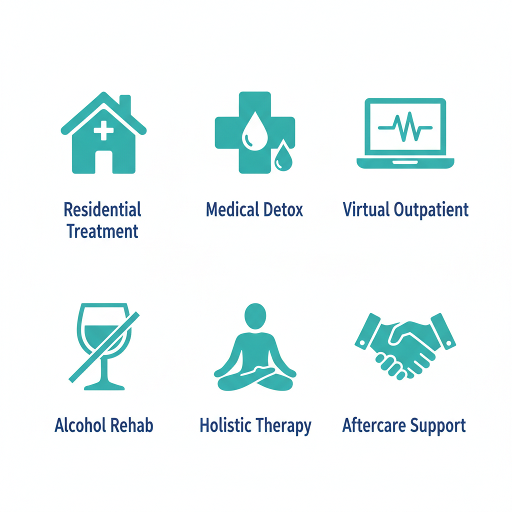 Grid of icons depicting Freeport Recovery services: residential treatment, medical detox, outpatient virtual, alcohol rehab, holistic therapy, aftercare support