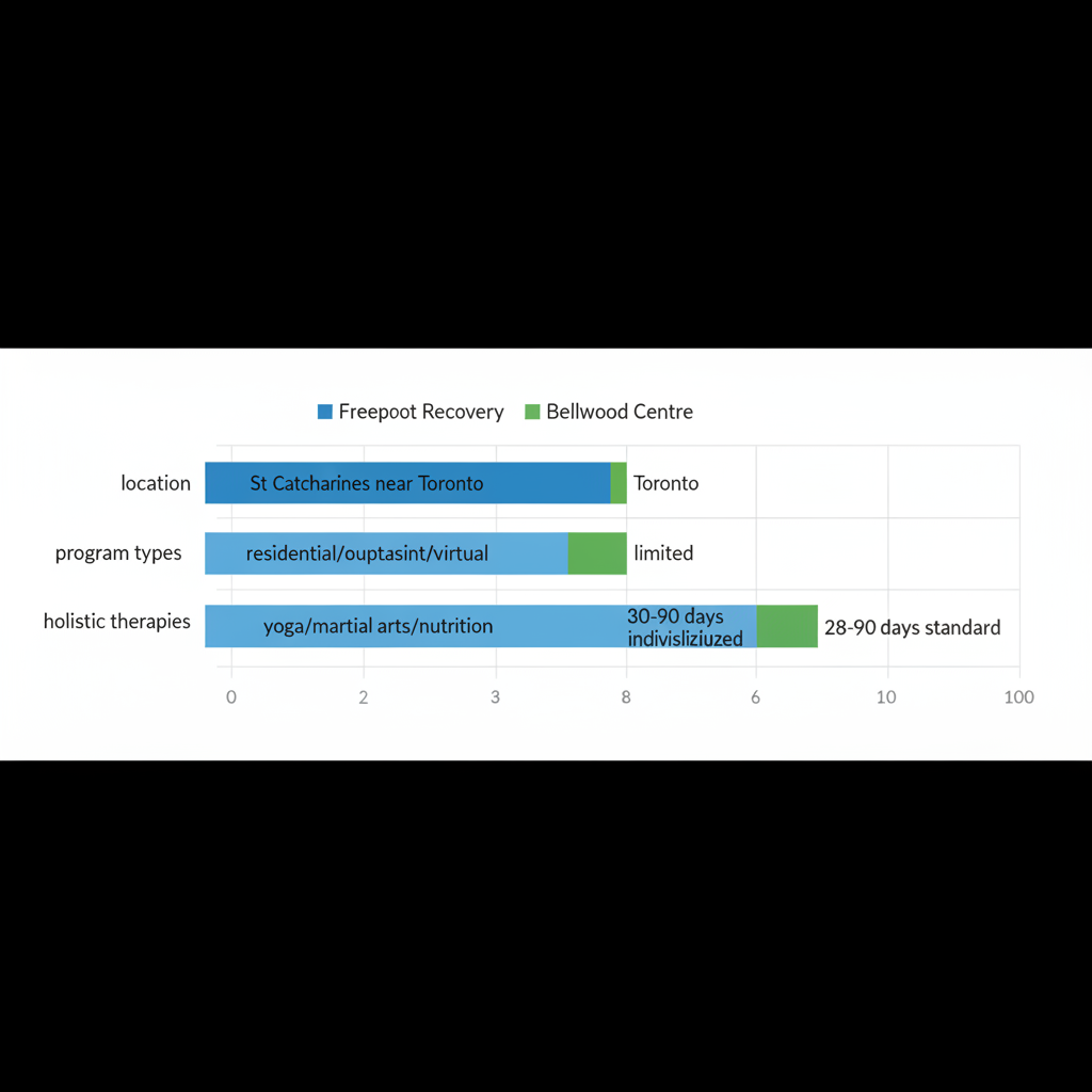 Horizontal bar chart comparing Freeport Recovery and Bellwood Centre on location, program types, holistic therapies, and stay duration