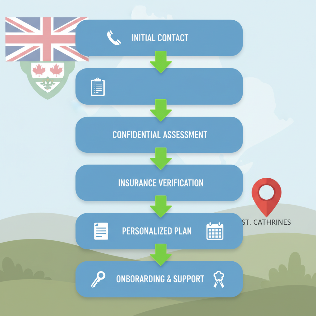 Vertical process flow diagram showing five steps to access treatment: initial contact, assessment, insurance verification, plan development, and onboarding support.