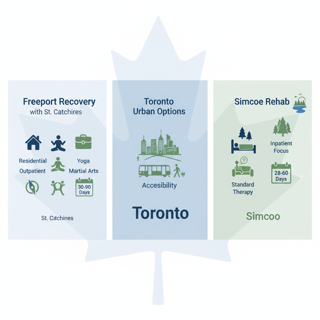 Infographic comparing key addiction recovery centers in Ontario including Freeport Recovery, Toronto options, and Simcoe Rehab with program icons and durations.