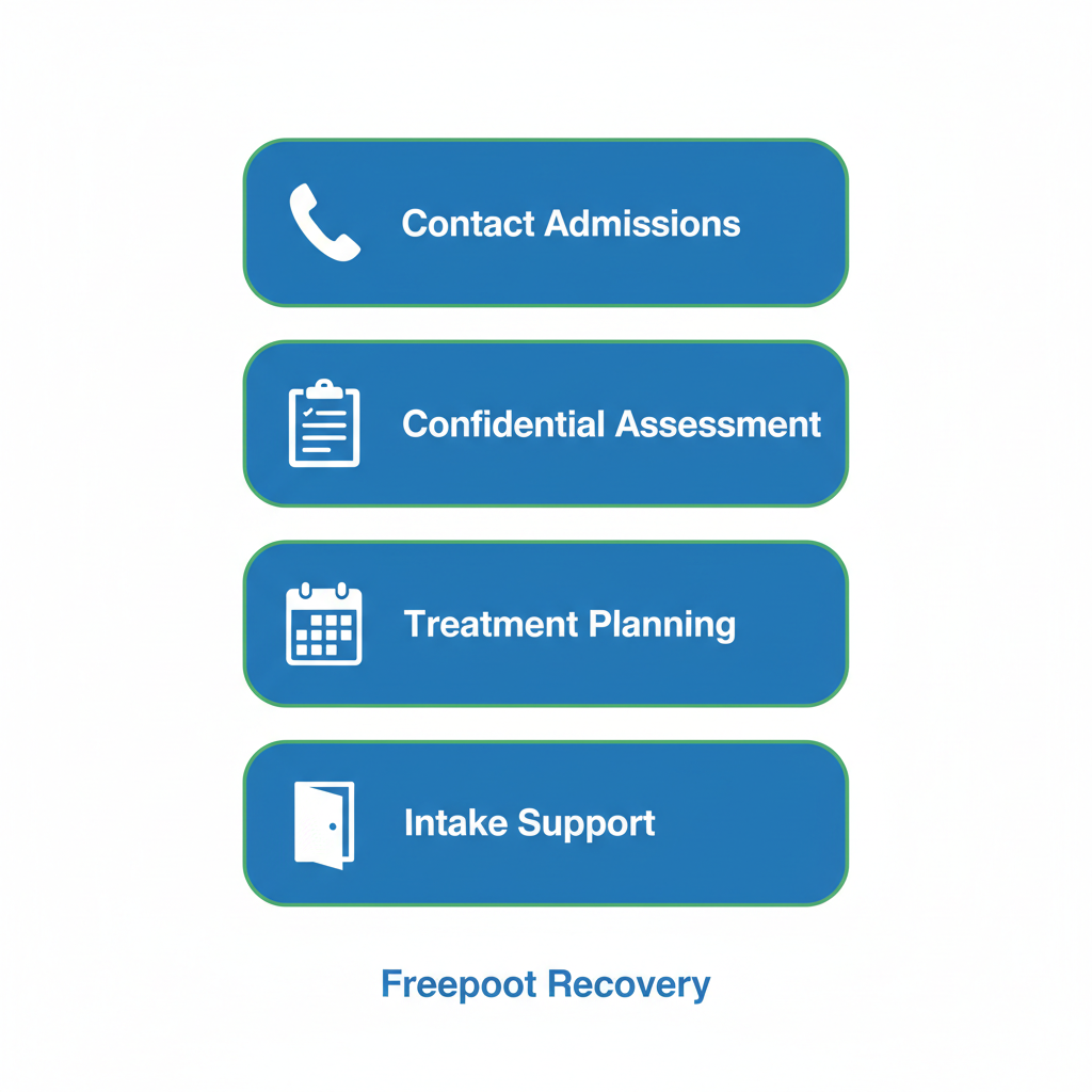 Vertical process flow diagram showing four steps to begin recovery journey: contact admissions, assessment, planning, and intake support.