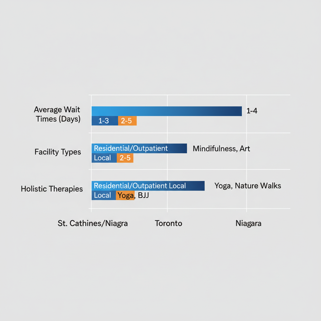 Horizontal bar chart showing comparison of addiction treatment options, wait times, facility types, and holistic therapies across Ontario regions including St. Catharines/Niagara, Toronto, and Niagara.