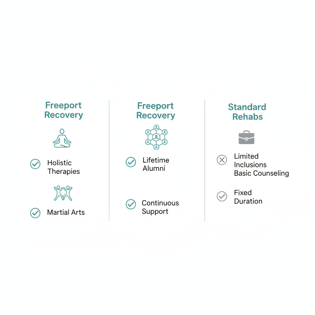 Infographic comparing Freeport Recovery's holistic therapies, aftercare support, and standard rehab options in Canada.