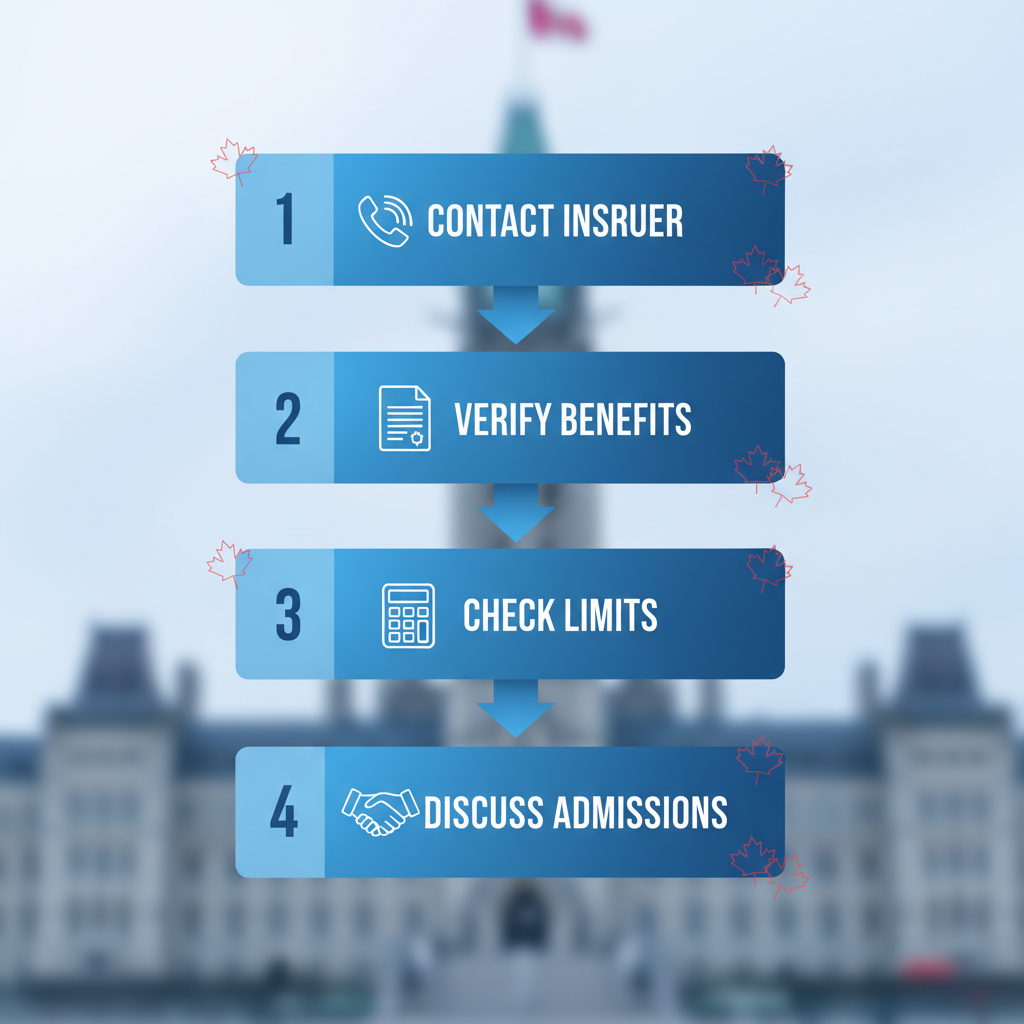 Vertical process flow diagram illustrating steps to evaluate insurance coverage for addiction treatment, featuring icons for contact, verification, limits check, and admissions discussion.