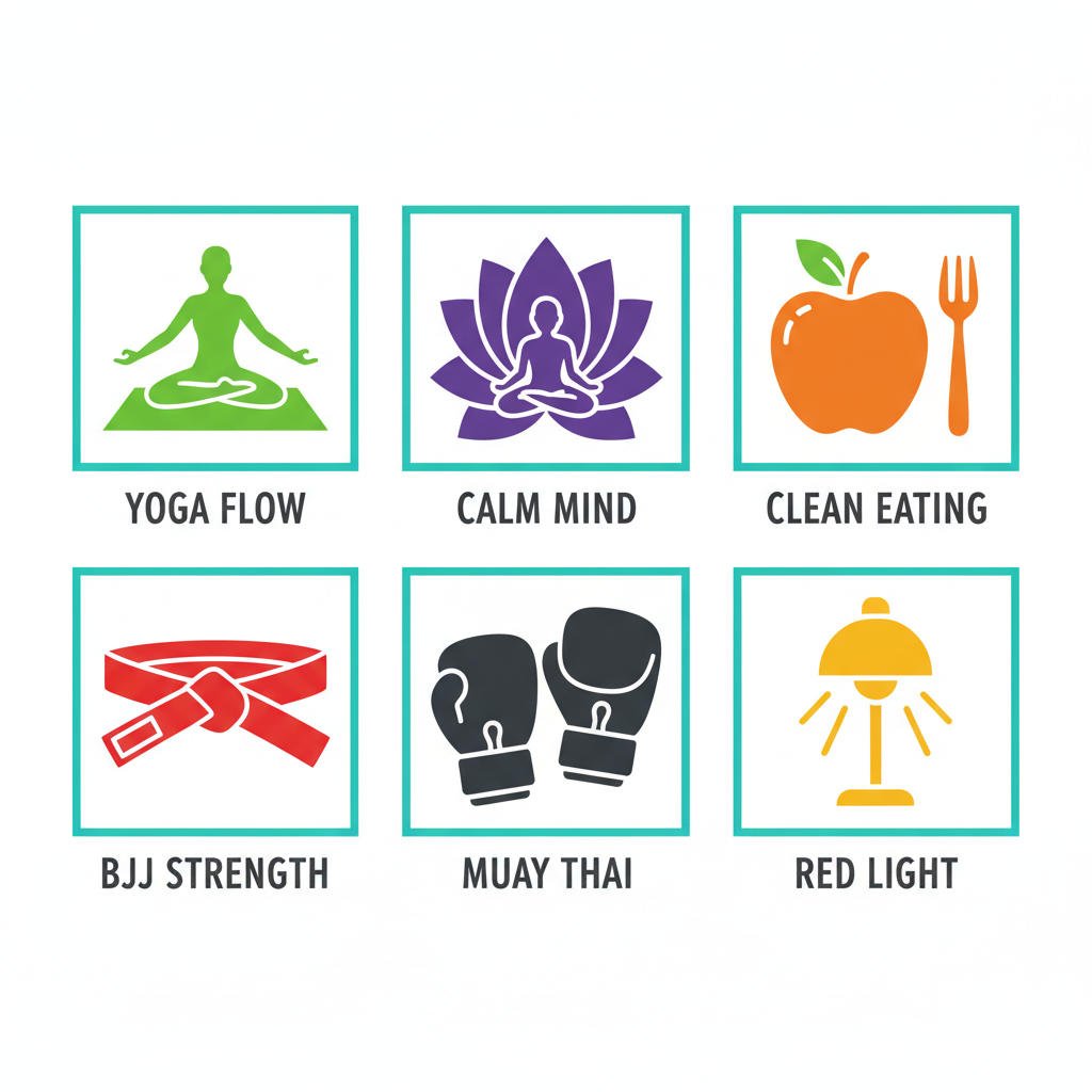 Grid of six icons depicting holistic therapies: yoga, meditation, nutrition, martial arts, and red light therapy.