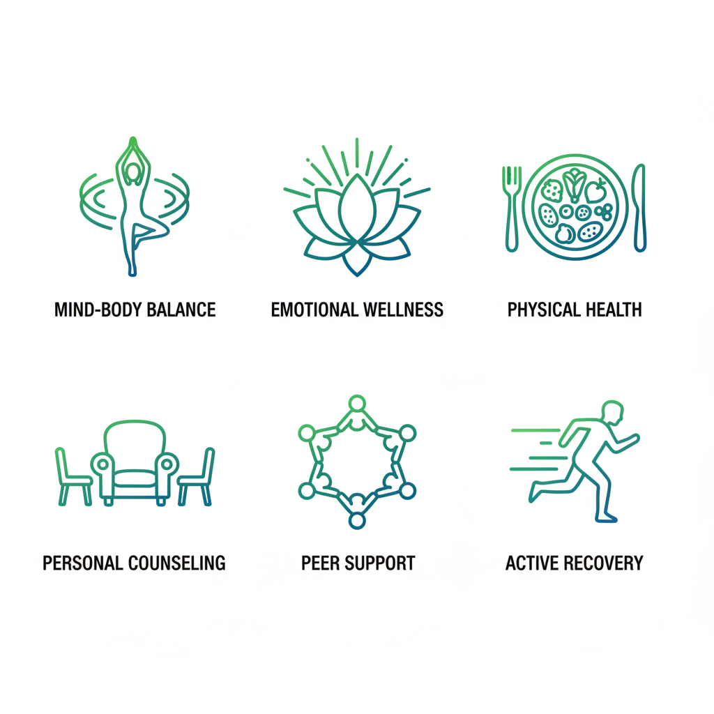 Grid of six icons depicting yoga, meditation, nutrition, therapy, group support, and fitness in holistic addiction recovery.