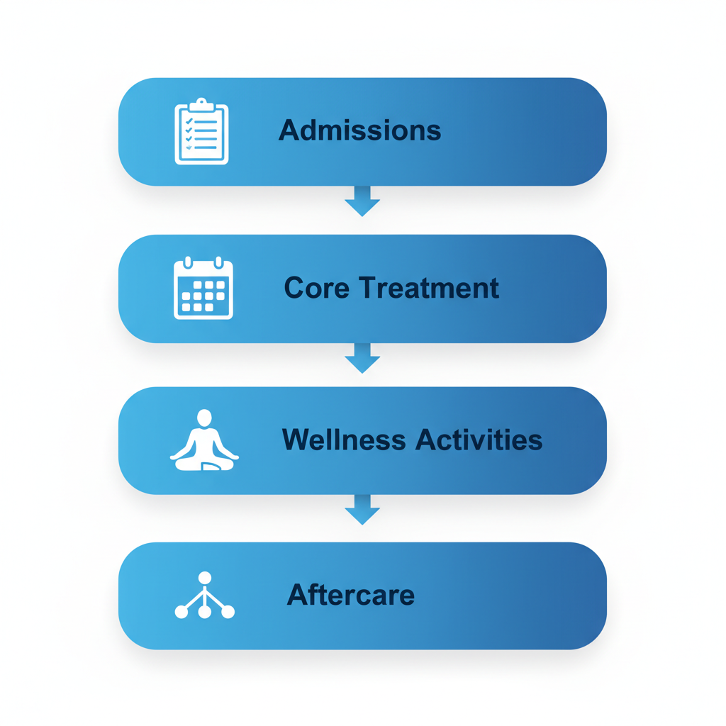 Vertical process flow diagram illustrating the four stages of holistic drug treatment: admissions, core treatment, wellness activities, and aftercare.