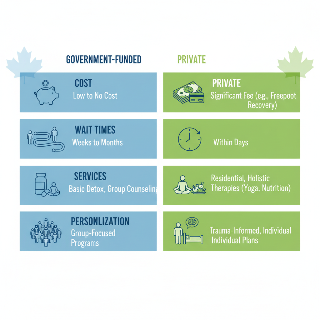 Infographic comparing government-funded and private addiction recovery centers in Ontario, highlighting cost, wait times, services, and personalization differences.