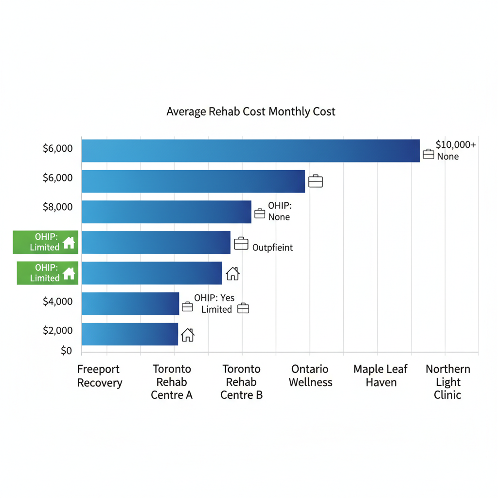 Horizontal bar chart comparing Ontario drug rehab centres by monthly cost and OHIP coverage with program icons