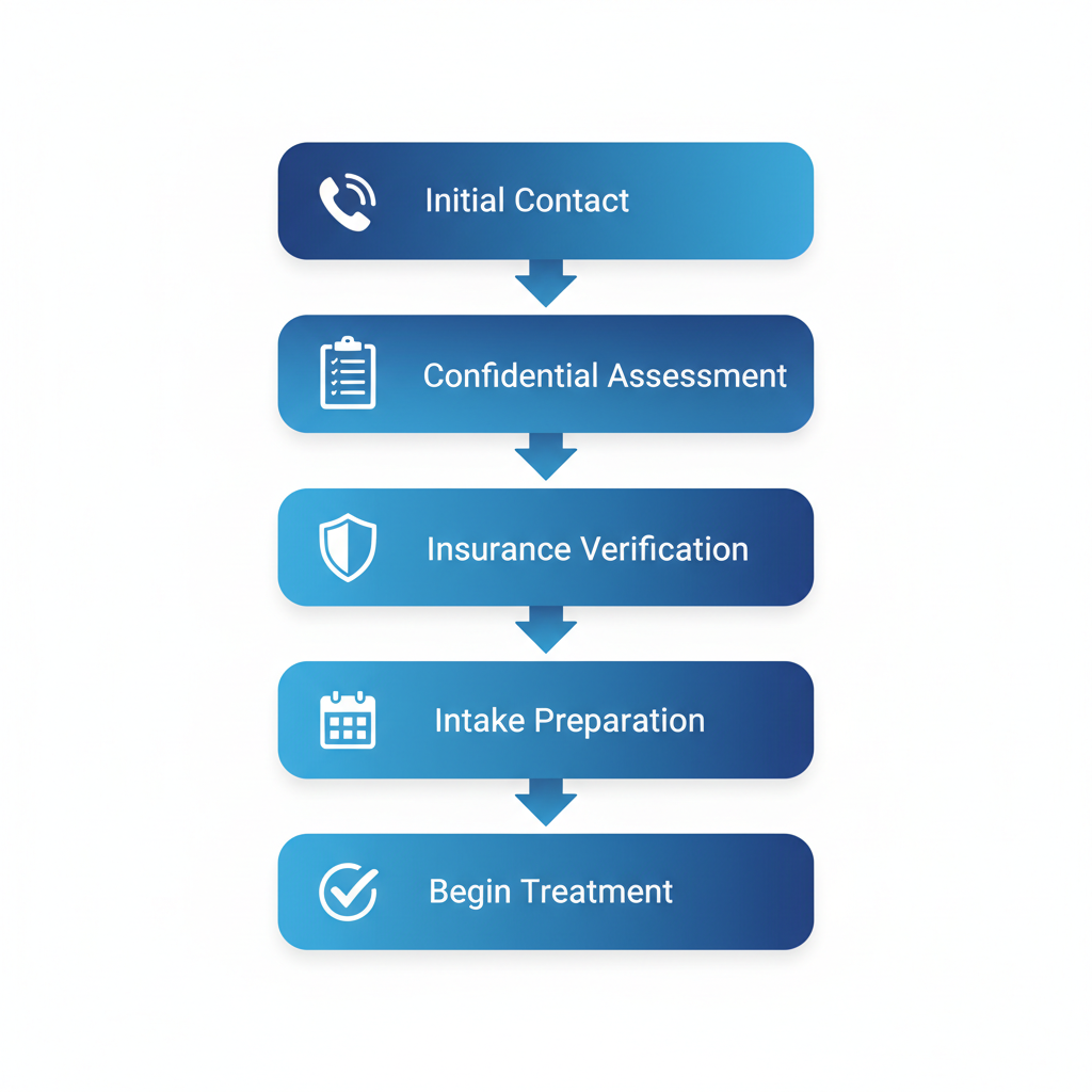 Vertical process flow diagram illustrating five steps to initiate addiction treatment in Ontario, featuring icons for each stage.