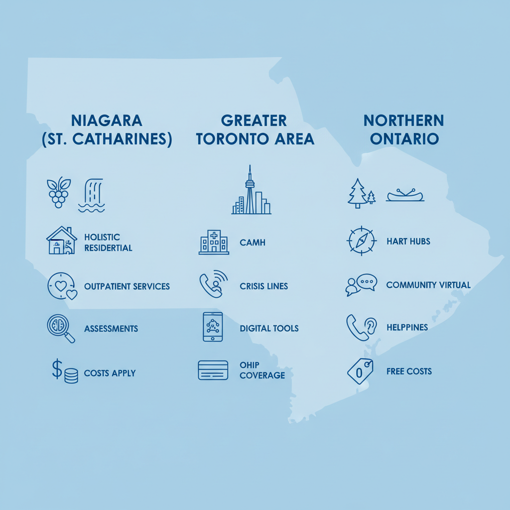 Infographic comparing addiction treatment services in Niagara, GTA, and Northern Ontario regions