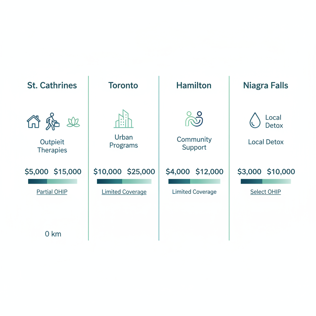 Infographic comparing drug rehabilitation options in St. Catharines, Toronto, Hamilton, and Niagara Falls regions of Ontario.