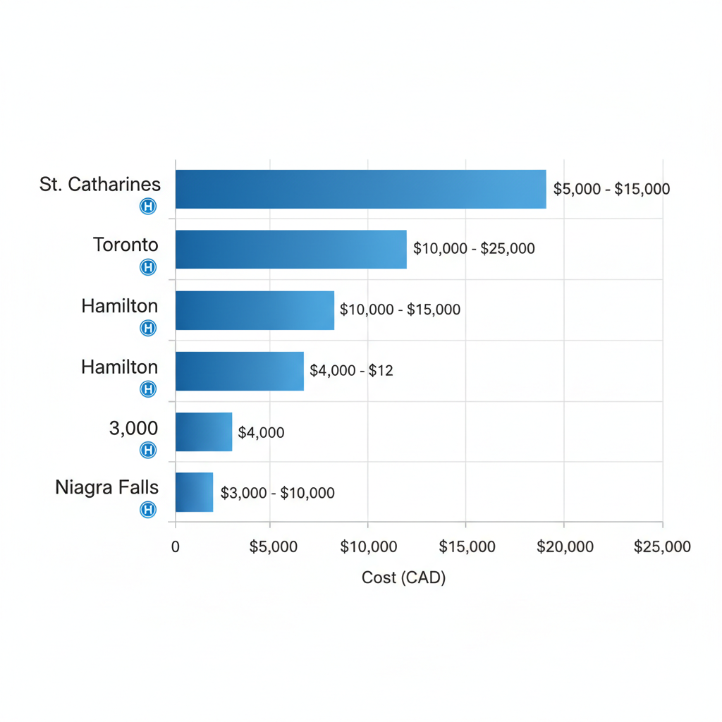 Horizontal bar chart showing average private rehab costs across Ontario regions including St. Catharines, Toronto, Hamilton, and Niagara Falls.