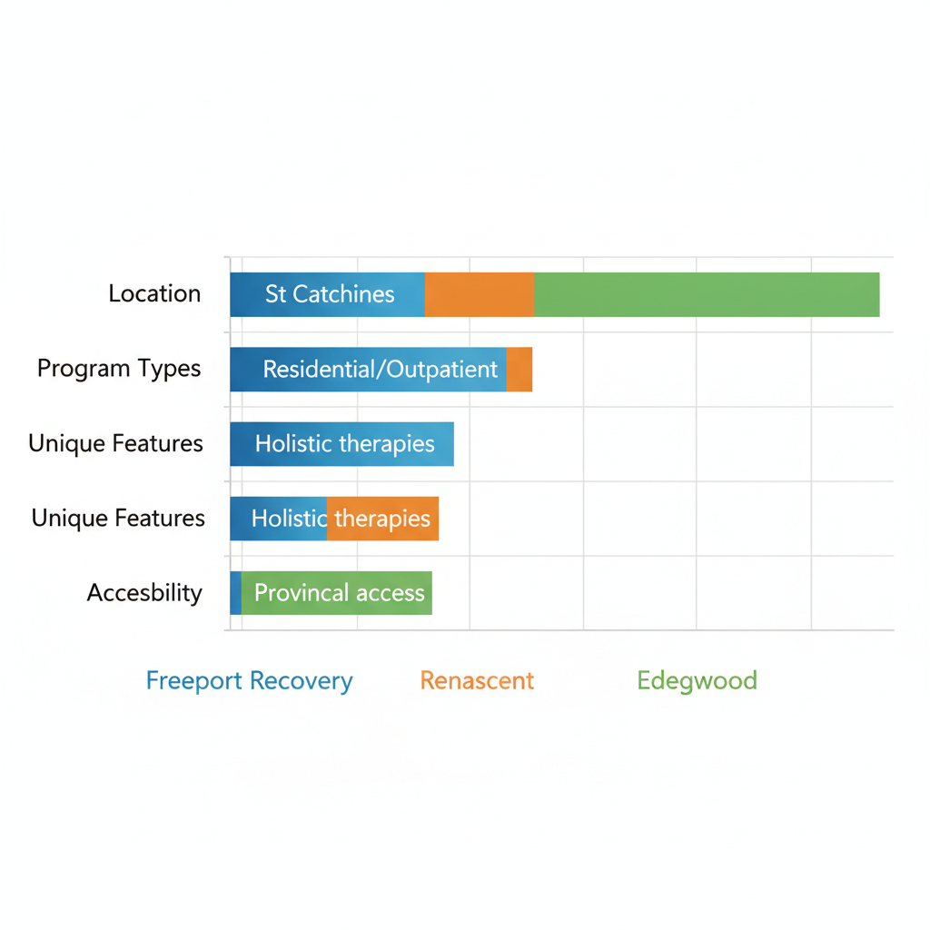 Horizontal bar chart comparing Freeport Recovery, Renascent, and Edgewood rehab centres in Ontario by location, programs, unique features, and accessibility