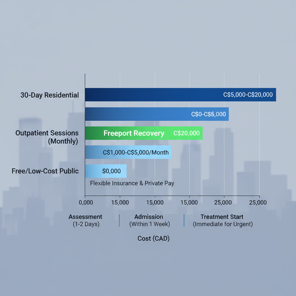 Horizontal bar chart showing average costs and timelines for drug and alcohol rehab options in Toronto, with Freeport Recovery highlighted.