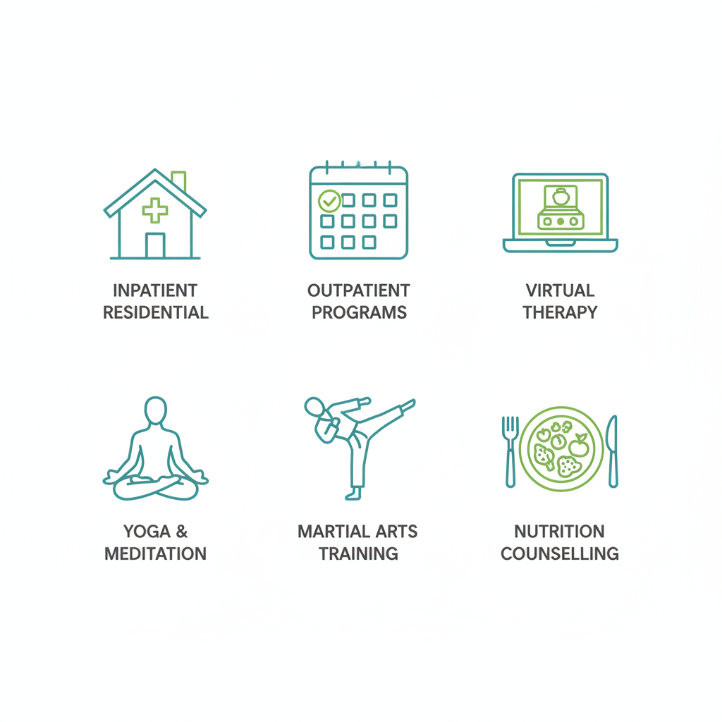 Grid of icons representing addiction treatment services including residential, outpatient, virtual therapy, yoga, martial arts, and nutrition.