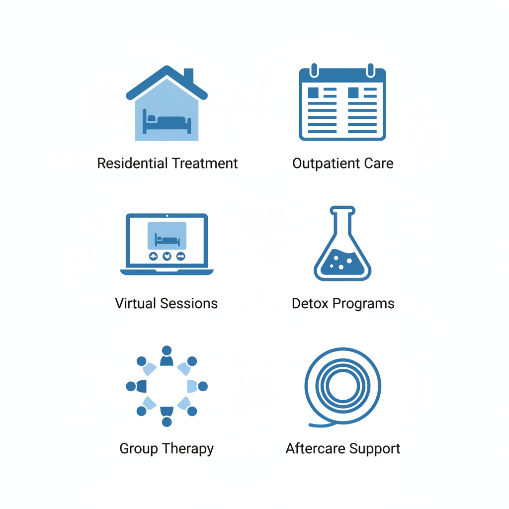 Grid of icons representing addiction treatment services for Toronto residents including residential, outpatient, virtual, detox, group therapy, and aftercare.