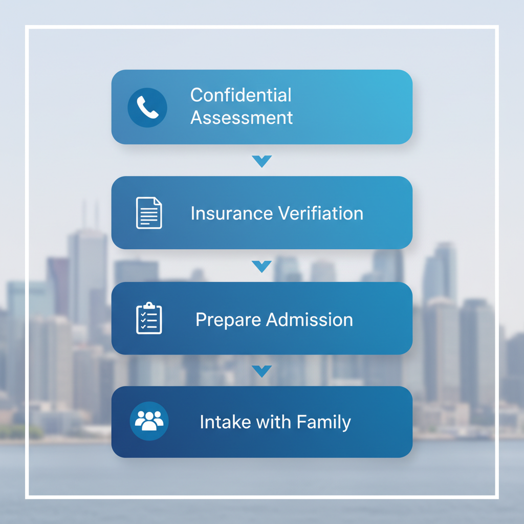 Vertical process flow illustrating four key steps to start addiction rehab: confidential assessment, insurance verification, admission preparation, and family intake.