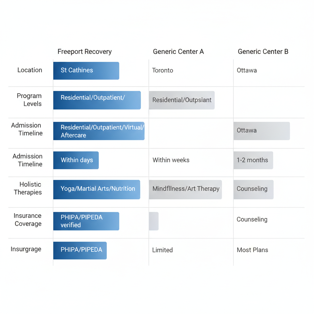 Horizontal bar chart comparing addiction treatment centers in Ontario including Freeport Recovery by location, program levels, admission timeline, holistic therapies, and insurance coverage