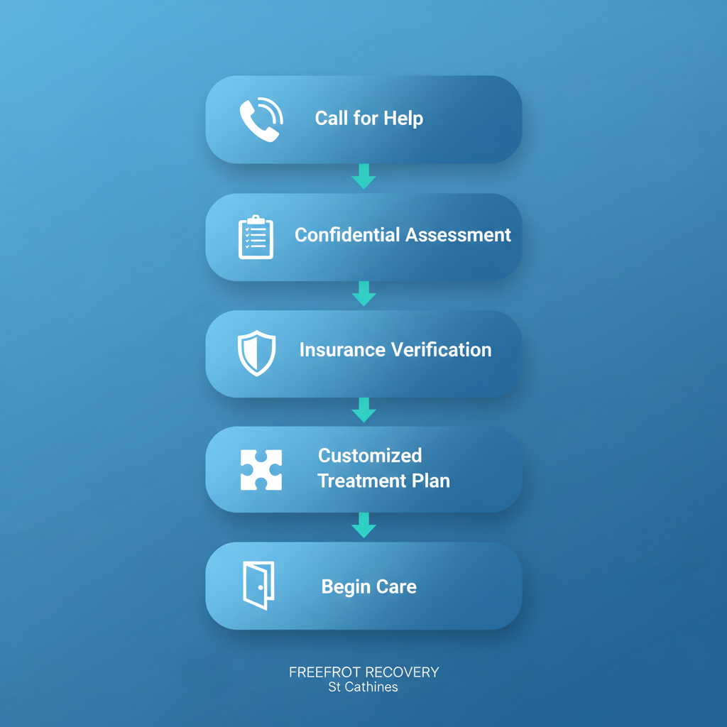 Vertical diagram illustrating five key steps in starting addiction recovery treatment at Freeport Recovery: calling, assessment, insurance check, treatment planning, and beginning care.