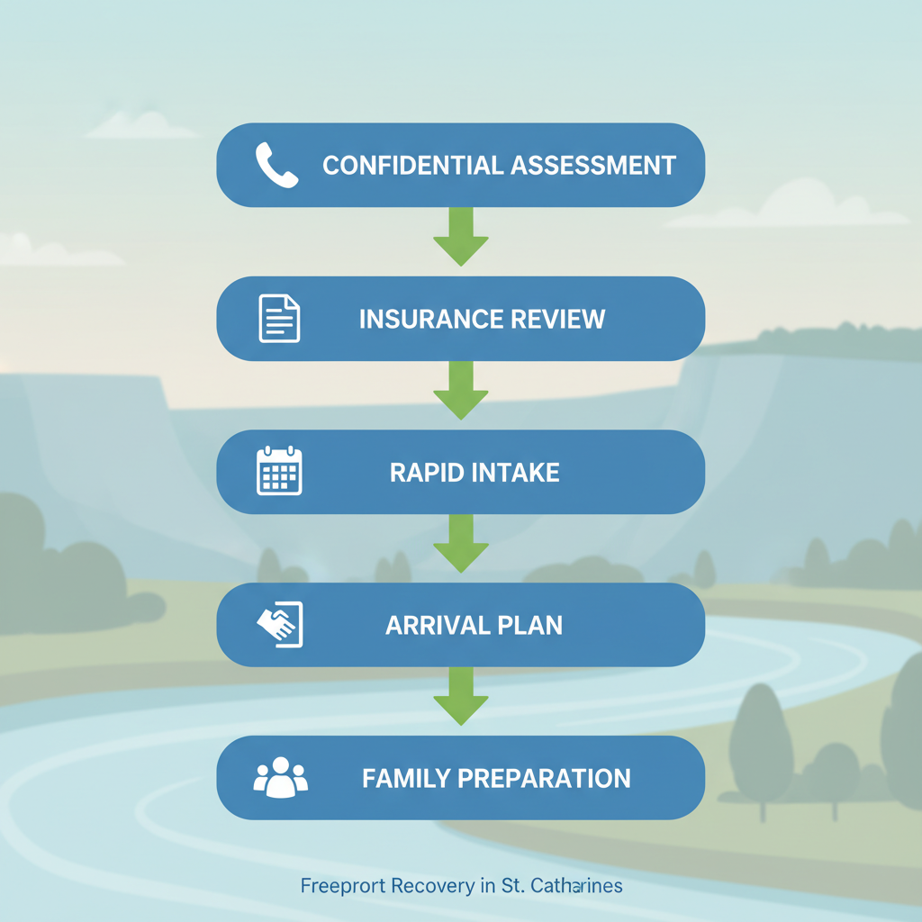 Vertical process flow illustrating five steps to begin addiction recovery treatment at Freeport Recovery, including assessment, insurance, intake, arrival, and family preparation with icons and connections.