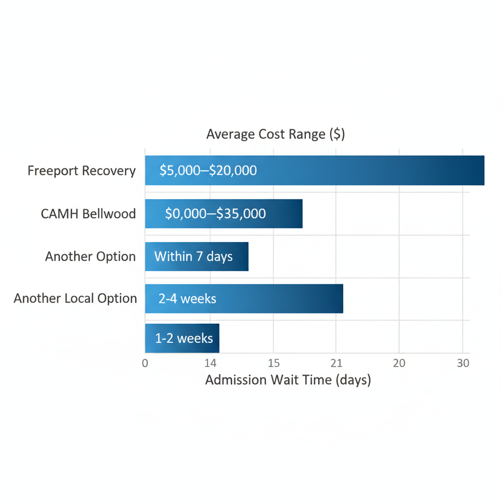 Horizontal bar chart comparing key metrics of three Toronto-area rehab centers including costs and wait times.