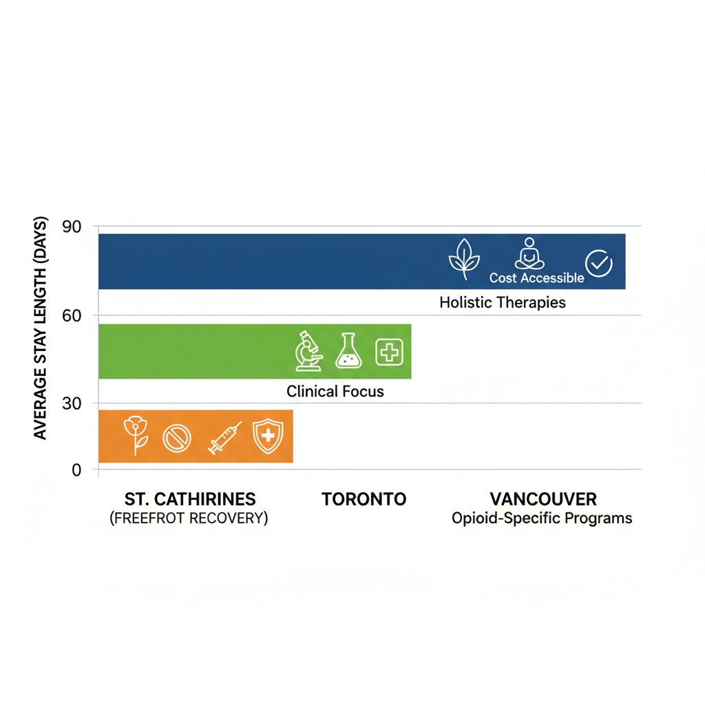 Horizontal bar chart comparing drug treatment options in St. Catharines, Toronto, and Vancouver across Ontario regions, showing average stay lengths and program focuses with color-coded bars and icons.