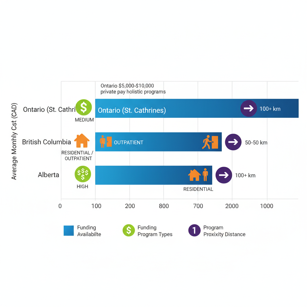 Horizontal bar chart comparing drug rehab costs and features across Ontario, British Columbia, and Alberta regions in Canada