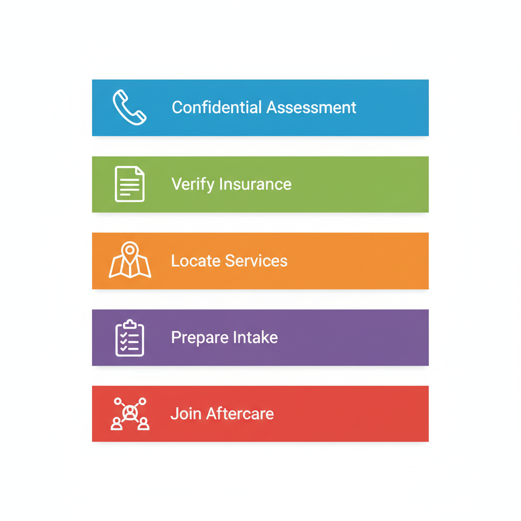 Vertical process flow diagram illustrating five key steps to access local drug rehab services in Canada