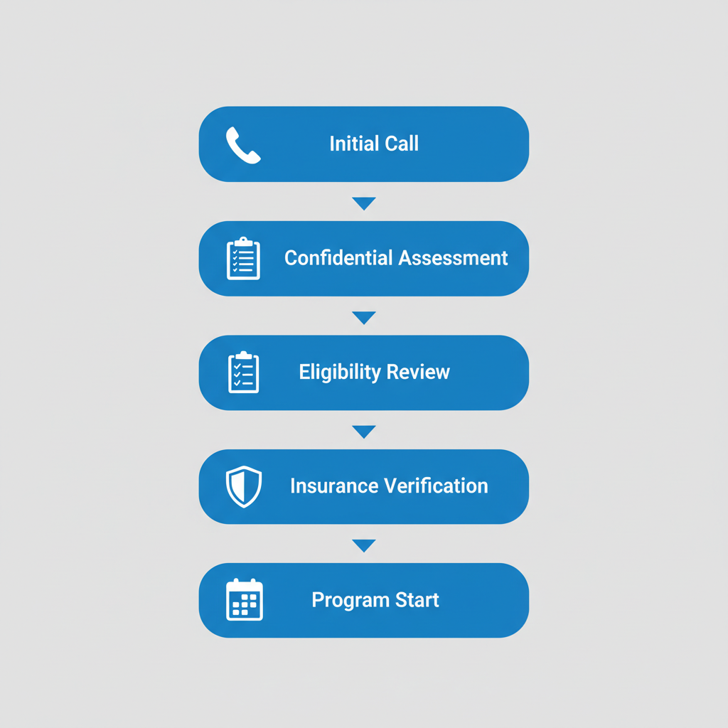 Vertical process flow diagram showing five stages of rehab admissions at Freeport Recovery: initial call, confidential assessment, eligibility review, insurance verification, and program start.
