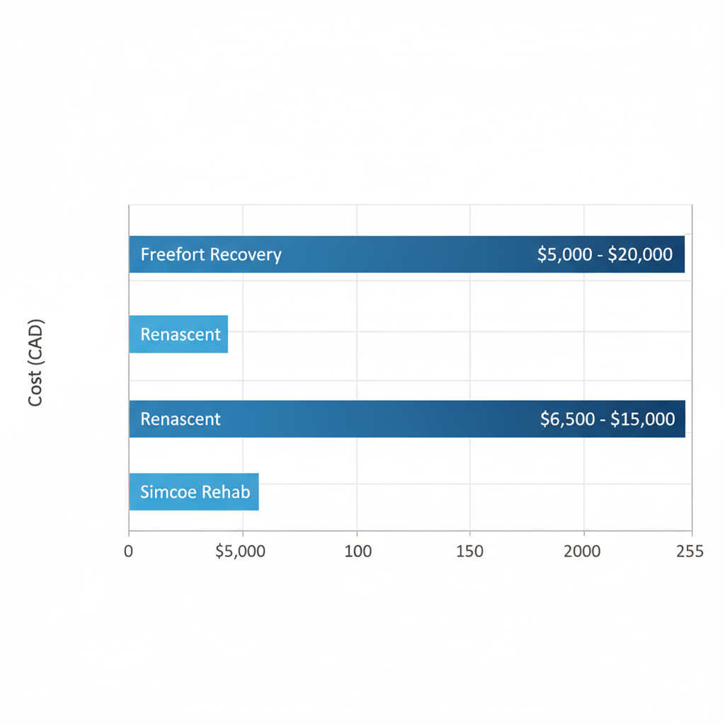 Horizontal bar chart comparing cost ranges in CAD for rehab centers: Freeport Recovery $5,000-$20,000, Renascent $6,000-$18,000, Simcoe Rehab $4,500-$15,000.