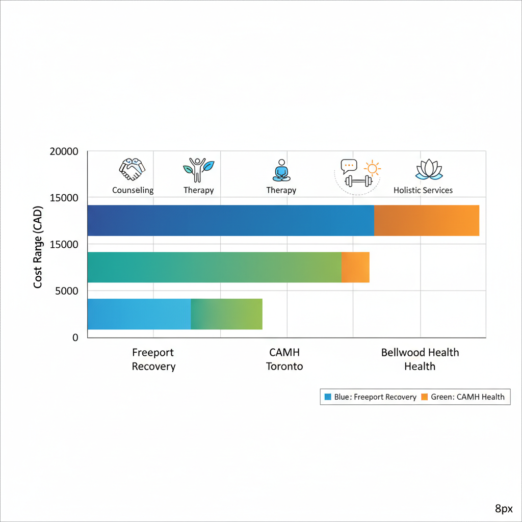 Horizontal bar chart comparing outpatient rehab costs for Freeport Recovery, CAMH Toronto, and Bellwood Health in the Toronto area