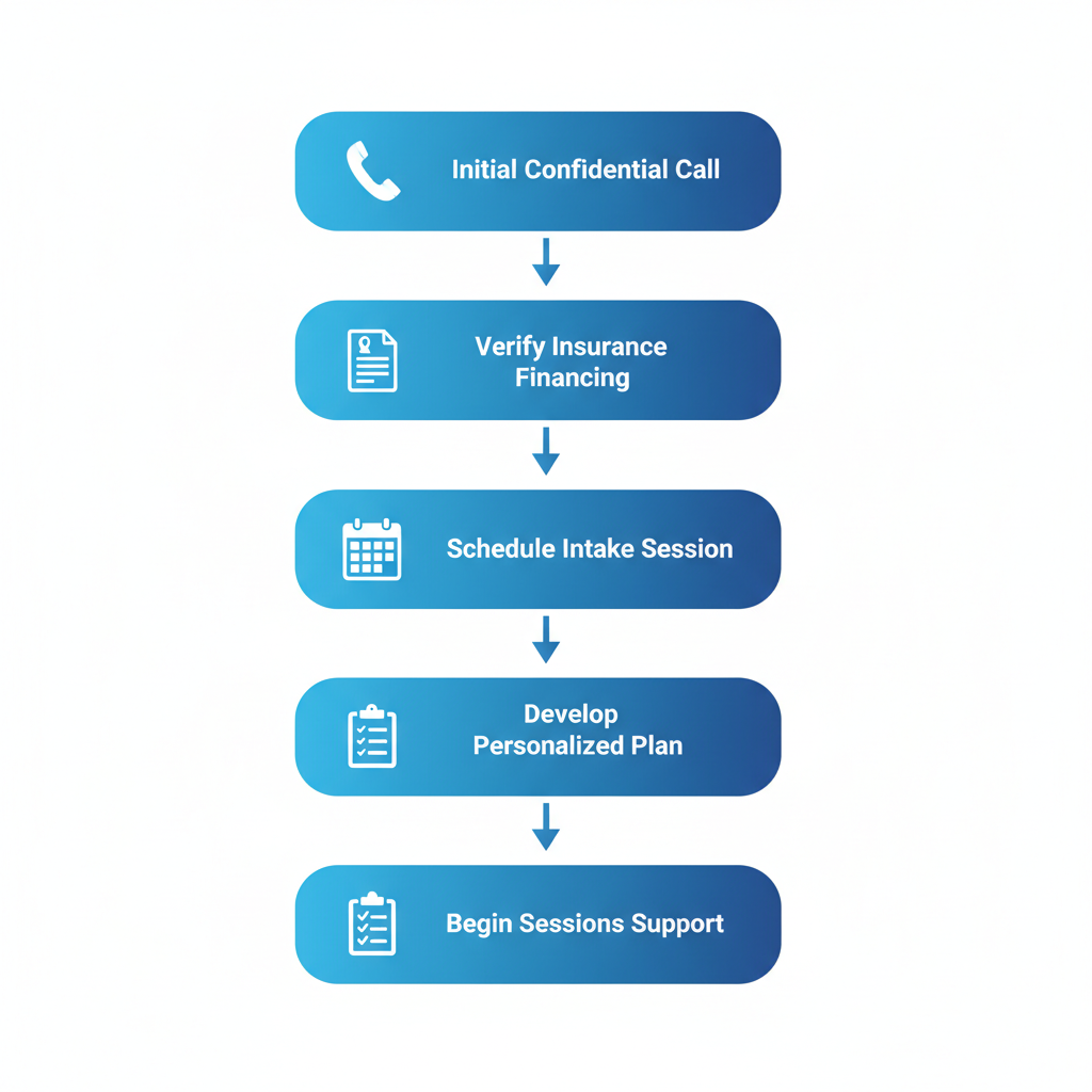 Vertical process flow illustrating five steps to start outpatient rehab with icons and labels