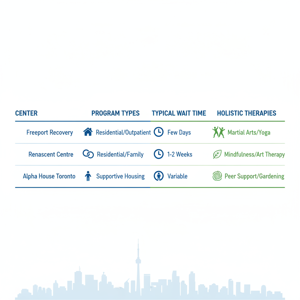 Infographic comparing addiction treatment centers in Toronto, showing programs, wait times, and holistic therapies.